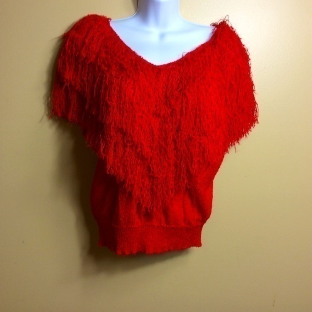 Vintage French Rags hand-loomed fringe sweater. 80s red. Medium. V neck